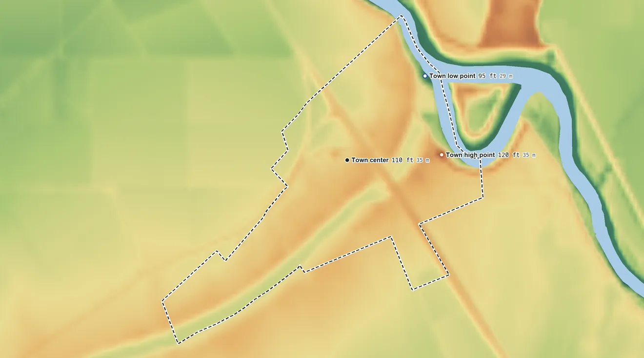 Topographic elevation map of Silver City, Mississippi, shaded from 95 ft on the northeast side to 120 ft on the east side