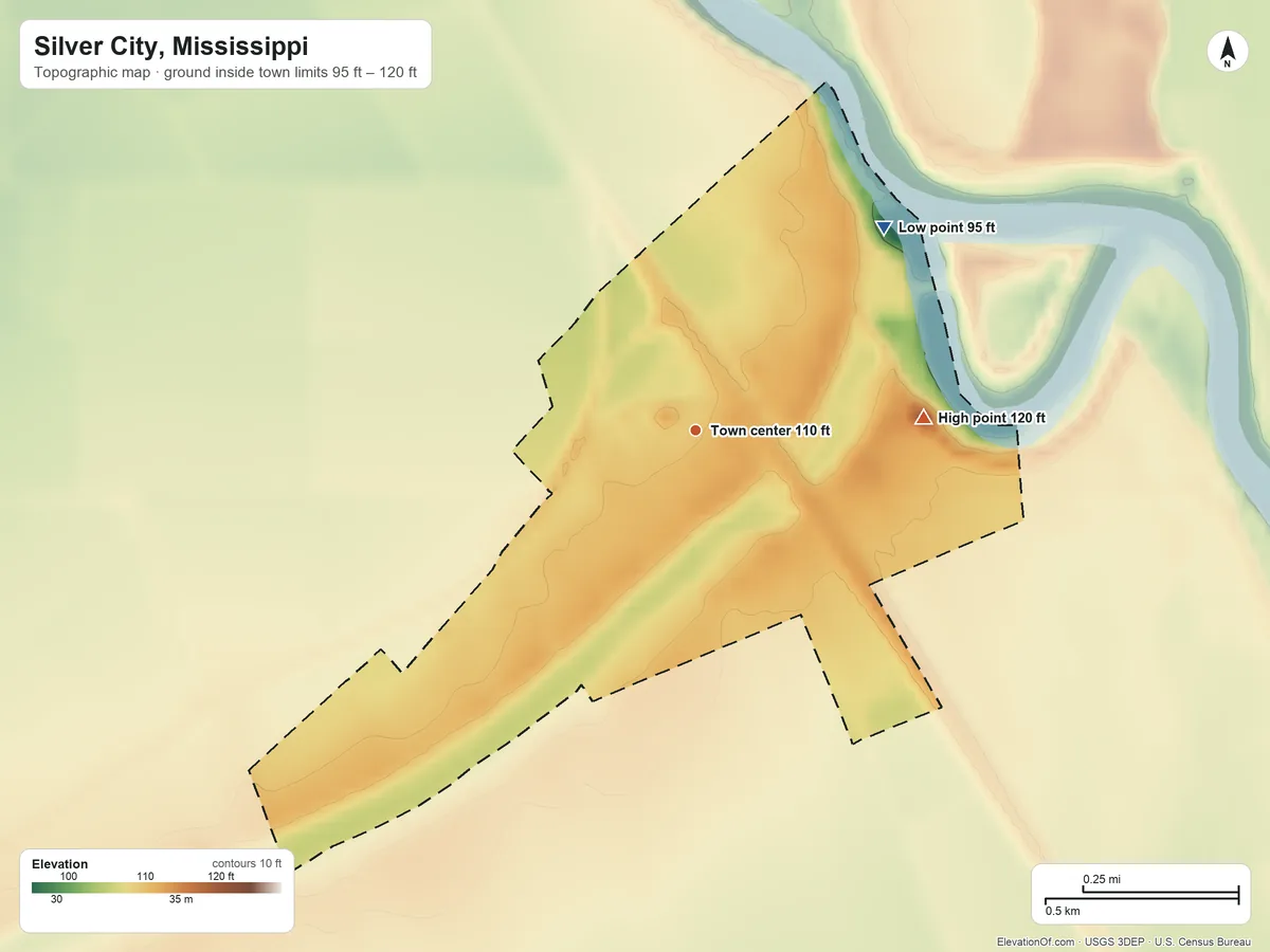 Topographic elevation map of Silver City, Mississippi, shaded from 95 ft on the northeast side to 120 ft on the east side