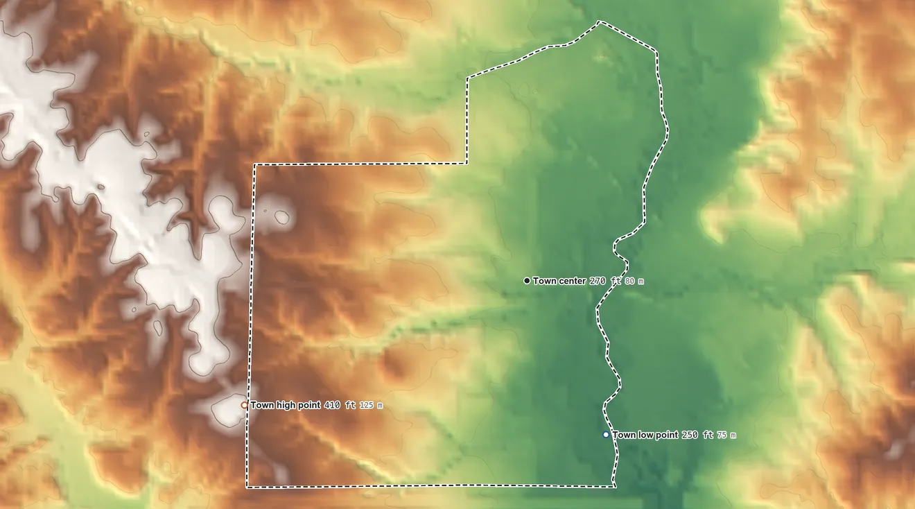 Topographic elevation map of Silver Creek, Mississippi, shaded from 250 ft on the southeast side to 410 ft on the southwest side