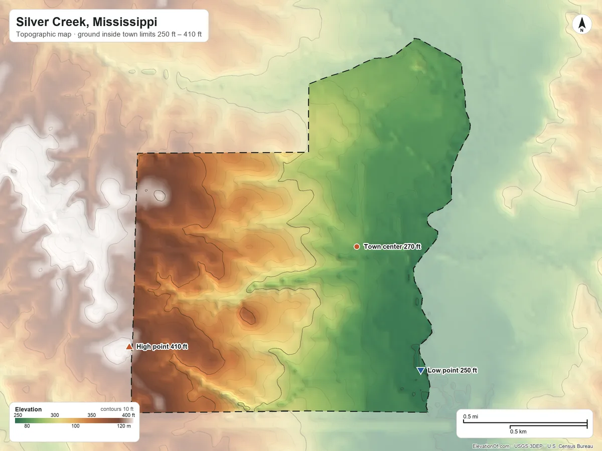 Topographic elevation map of Silver Creek, Mississippi, shaded from 250 ft on the southeast side to 410 ft on the southwest side