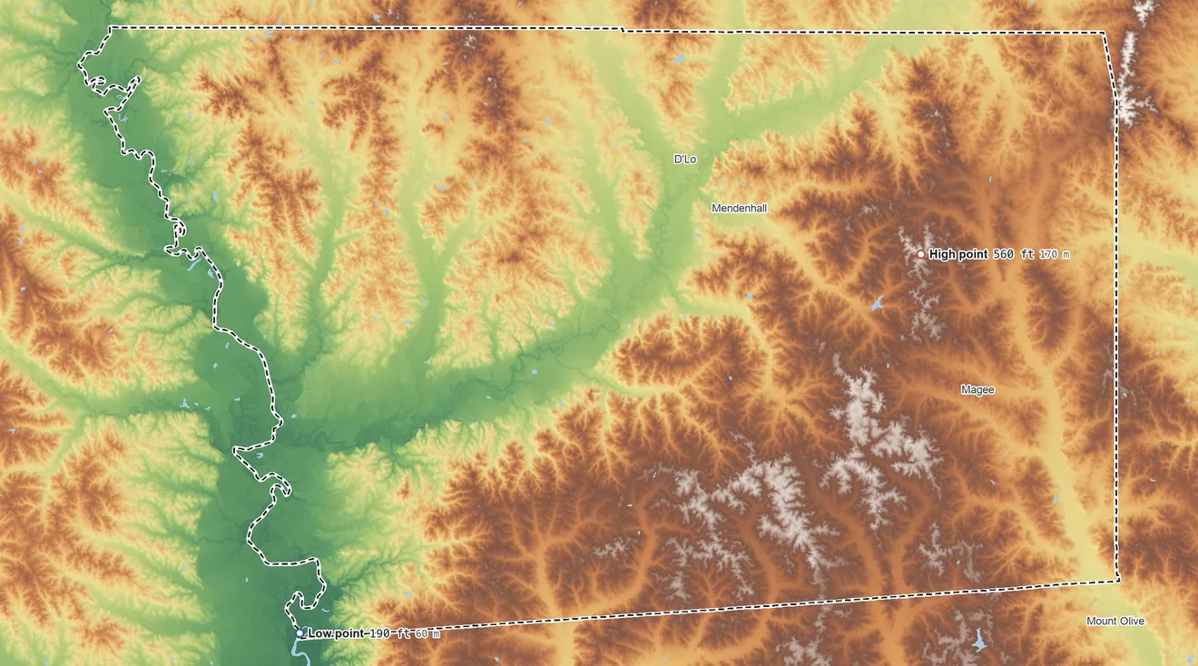 Topographic elevation map of Simpson County, Mississippi, shaded from 190 ft on the southwest side to 560 ft on the east side