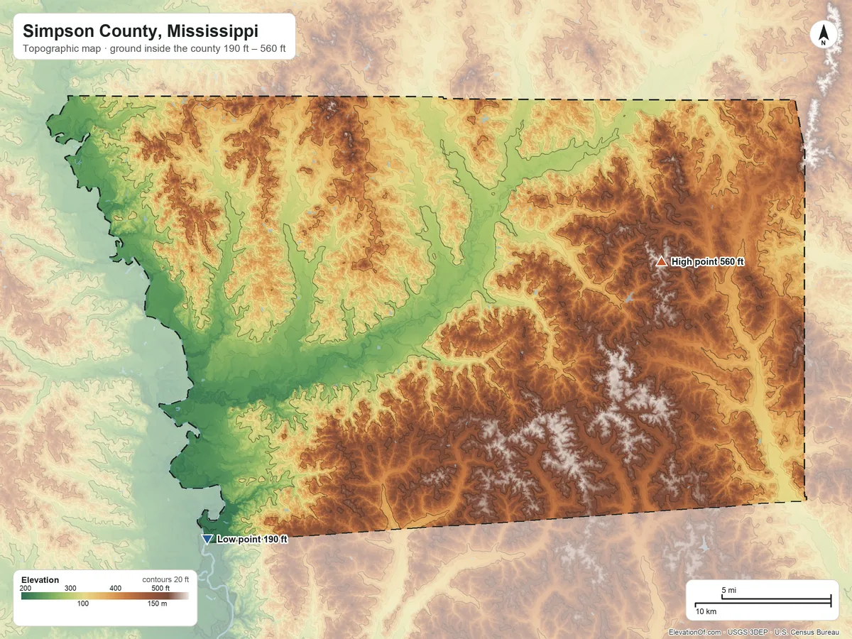 Topographic elevation map of Simpson County, Mississippi, shaded from 190 ft on the southwest side to 560 ft on the east side