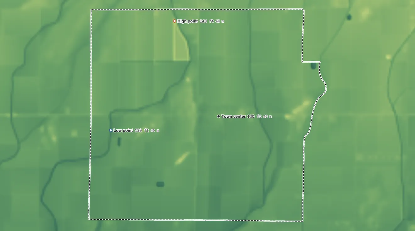 Topographic elevation map of Skene, Mississippi, shaded from 130 ft on the west side to 140 ft on the northwest side
