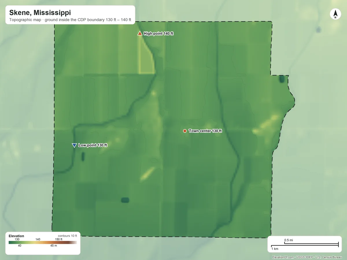 Topographic elevation map of Skene, Mississippi, shaded from 130 ft on the west side to 140 ft on the northwest side