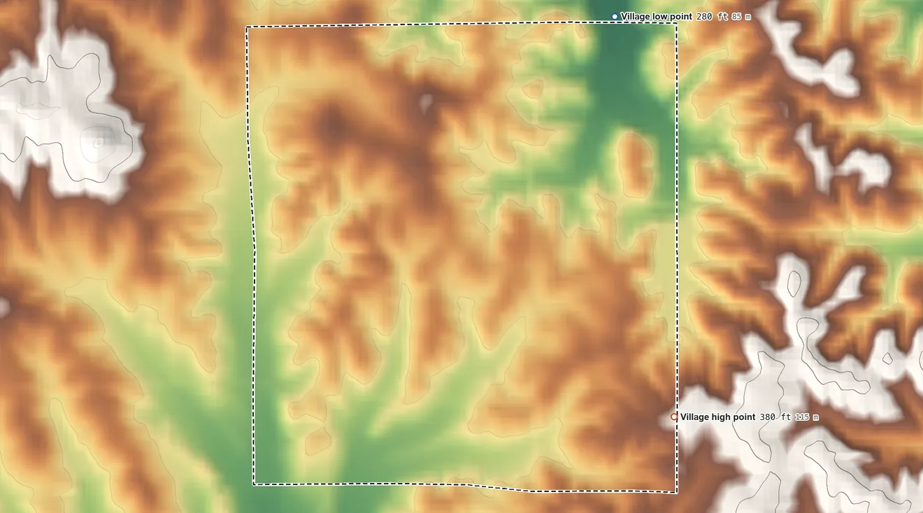 Topographic elevation map of Slate Springs, Mississippi, shaded from 280 ft on the north side to 380 ft on the southeast side