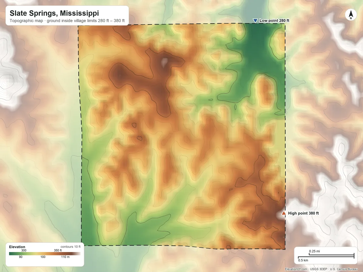 Topographic elevation map of Slate Springs, Mississippi, shaded from 280 ft on the north side to 380 ft on the southeast side