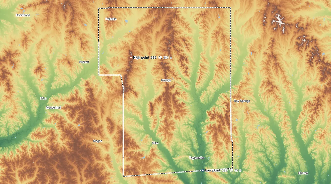 Topographic elevation map of Smith County, Mississippi, shaded from 220 ft on the southeast side to 610 ft on the northwest side