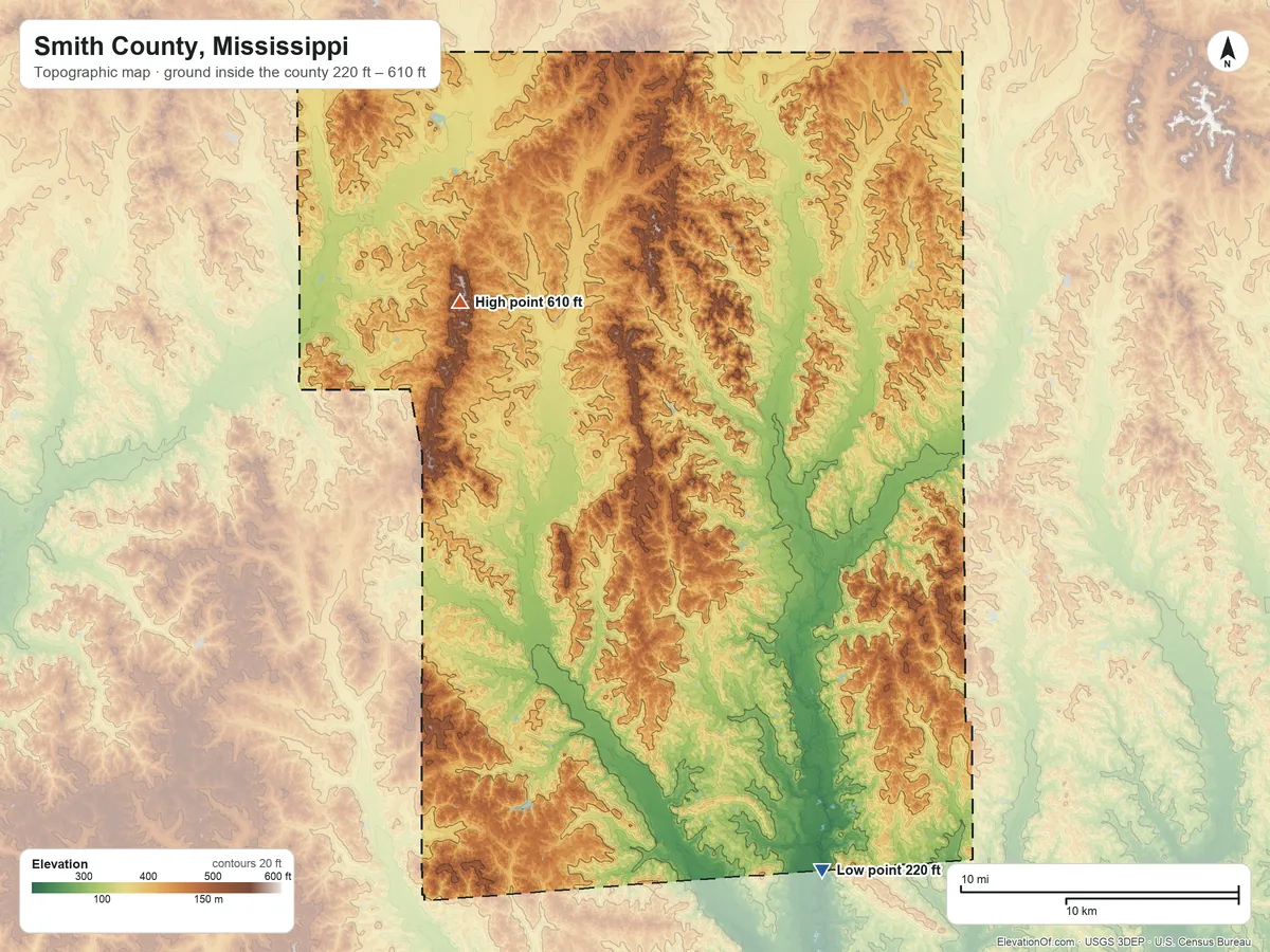 Topographic elevation map of Smith County, Mississippi, shaded from 220 ft on the southeast side to 610 ft on the northwest side