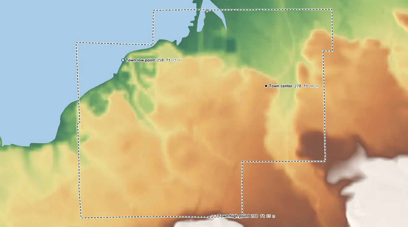 Topographic elevation map of Smithville, Mississippi, shaded from 250 ft on the west side to 280 ft on the south side