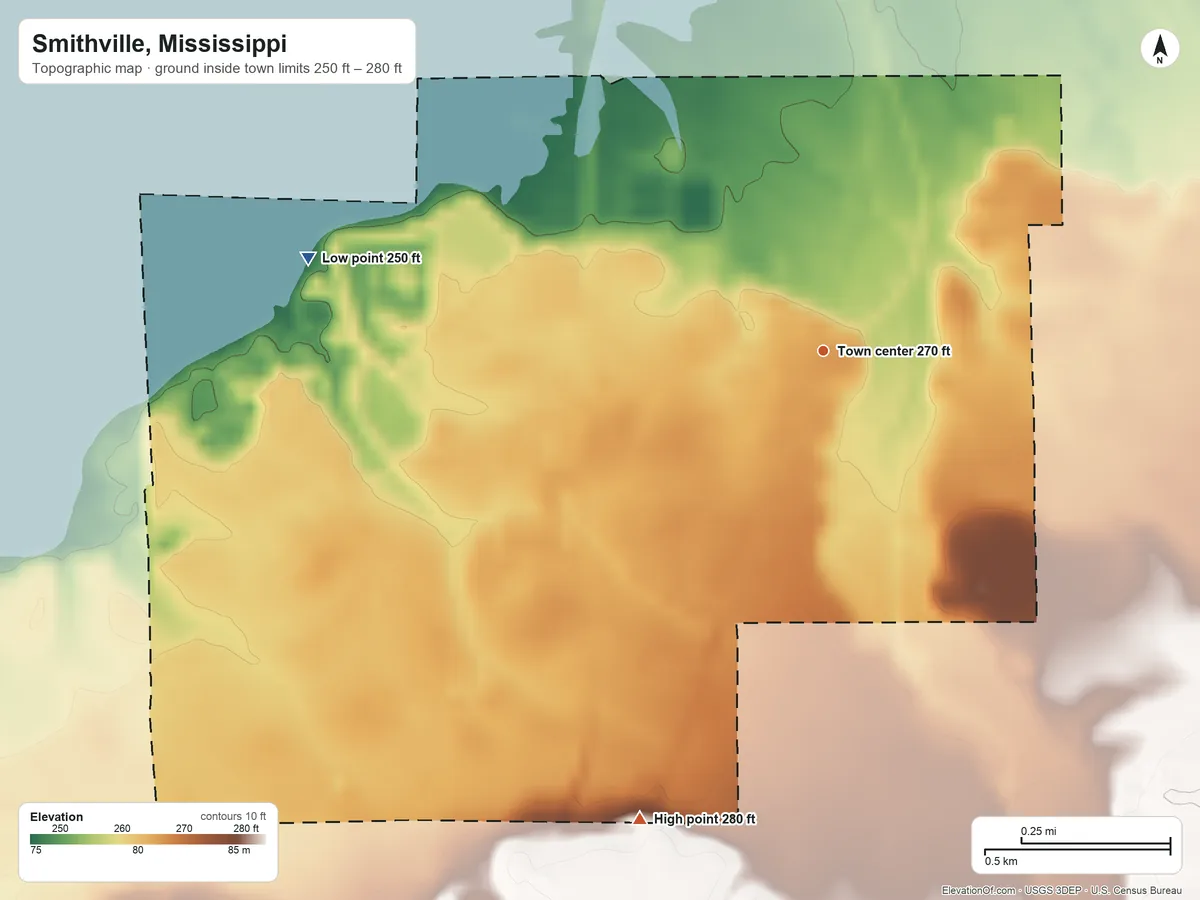 Topographic elevation map of Smithville, Mississippi, shaded from 250 ft on the west side to 280 ft on the south side
