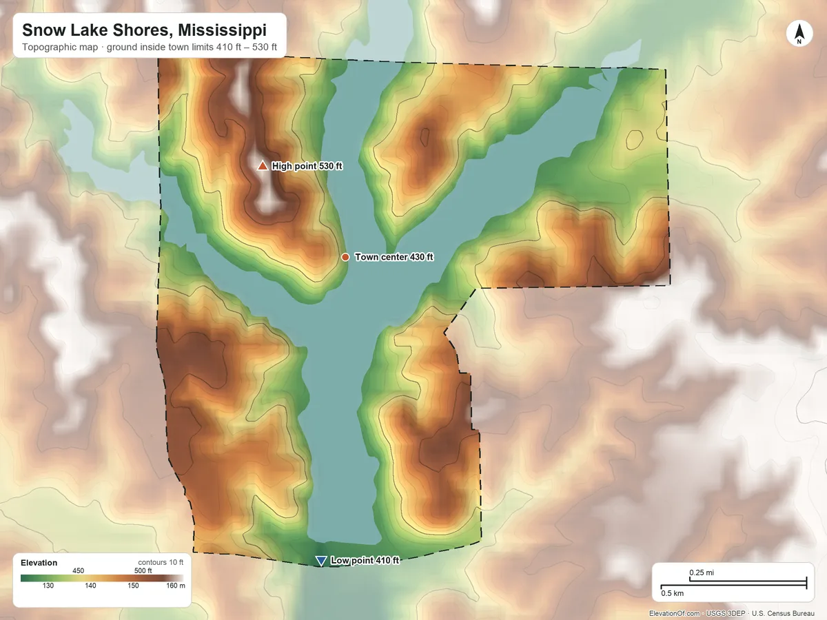 Topographic elevation map of Snow Lake Shores, Mississippi, shaded from 410 ft on the south side to 530 ft on the northwest side