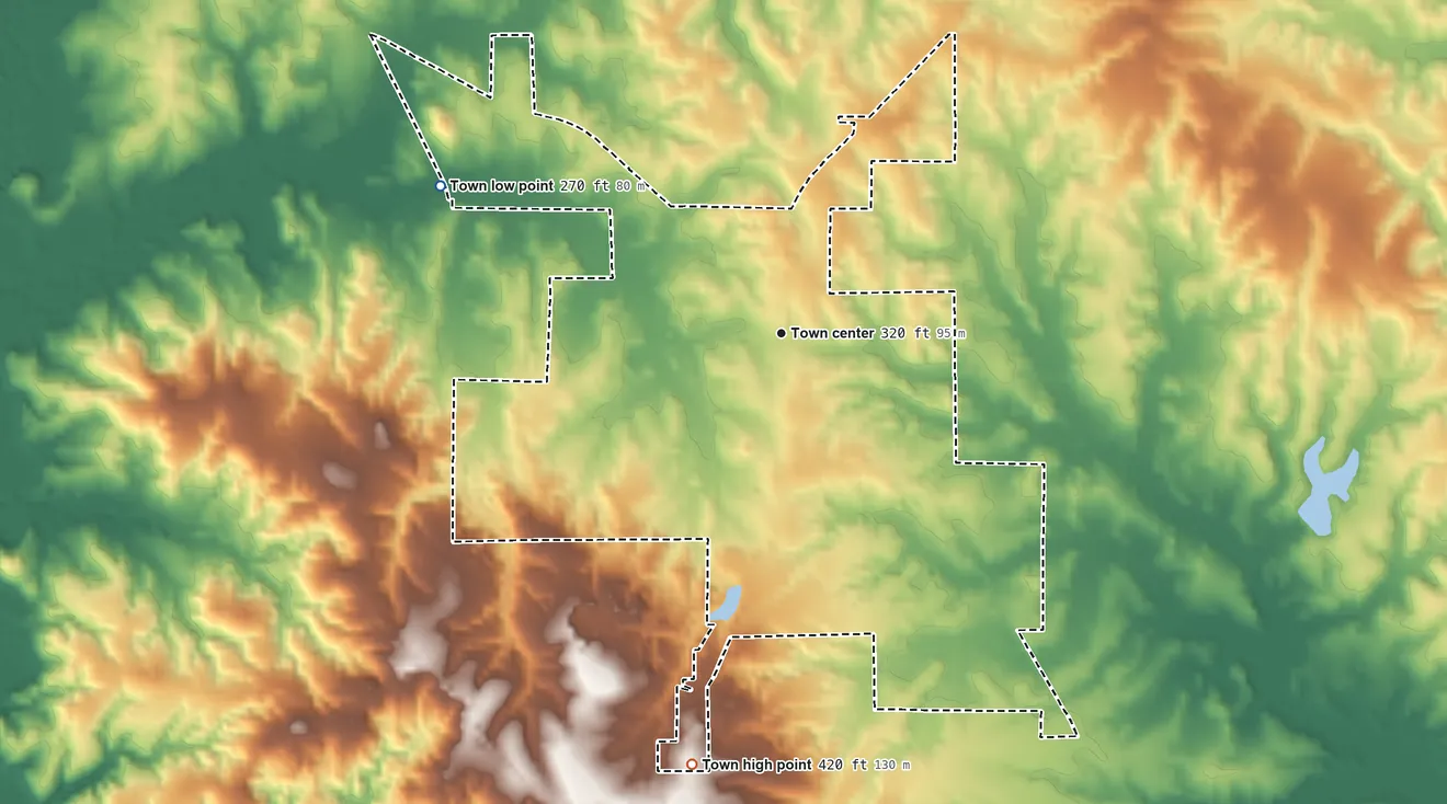 Topographic elevation map of Soso, Mississippi, shaded from 270 ft on the northwest side to 420 ft on the south side