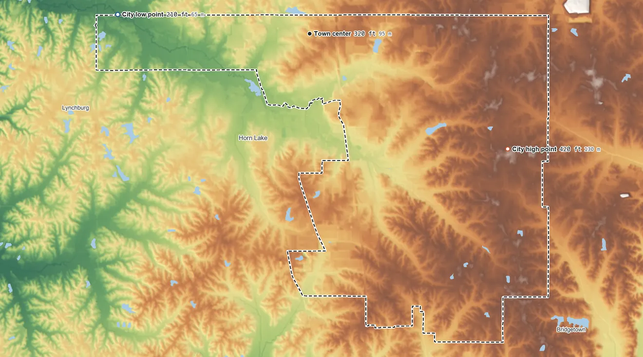 Topographic elevation map of Southaven, Mississippi, shaded from 210 ft on the west side to 420 ft on the southeast side