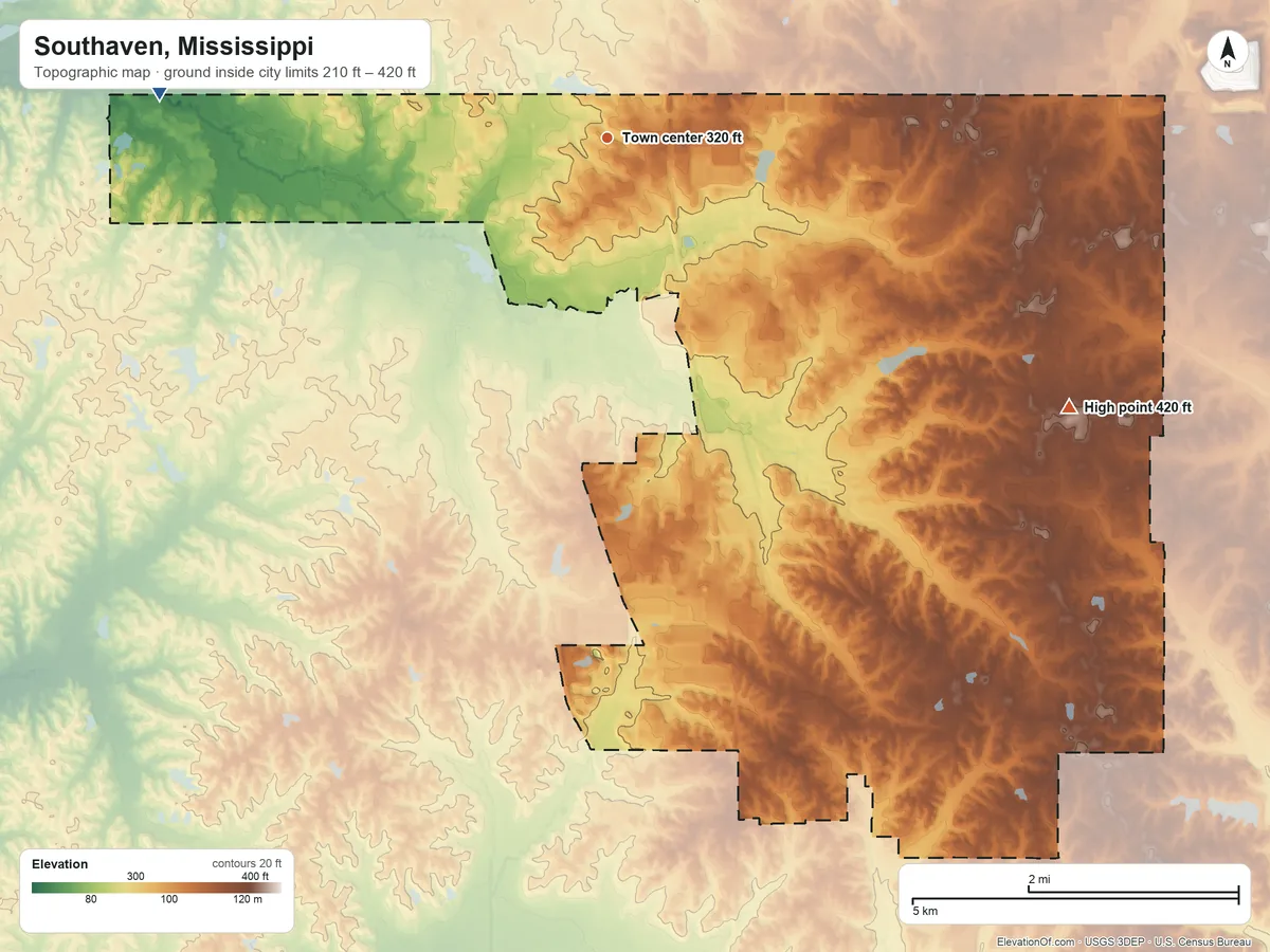 Topographic elevation map of Southaven, Mississippi, shaded from 210 ft on the west side to 420 ft on the southeast side