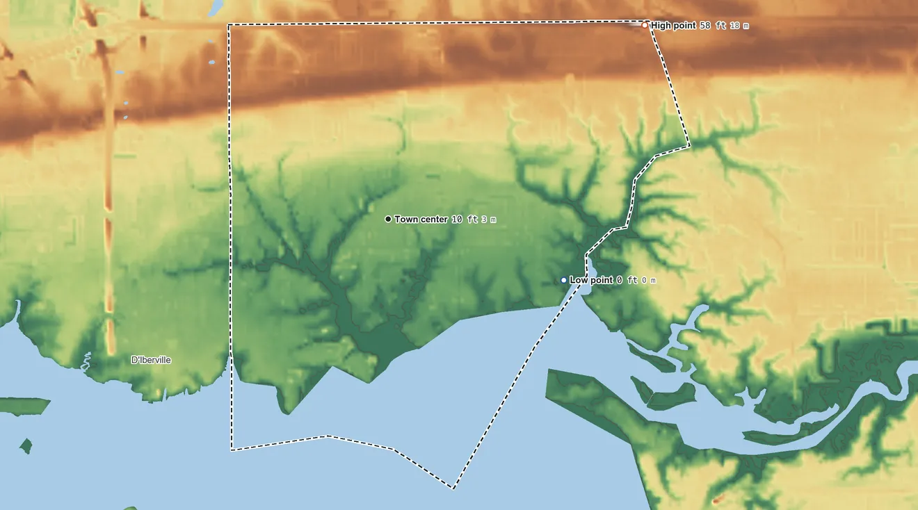 Topographic elevation map of St. Martin, Mississippi, shaded from sea level level on the Back Bay of Biloxi to 58 ft on the northeast side