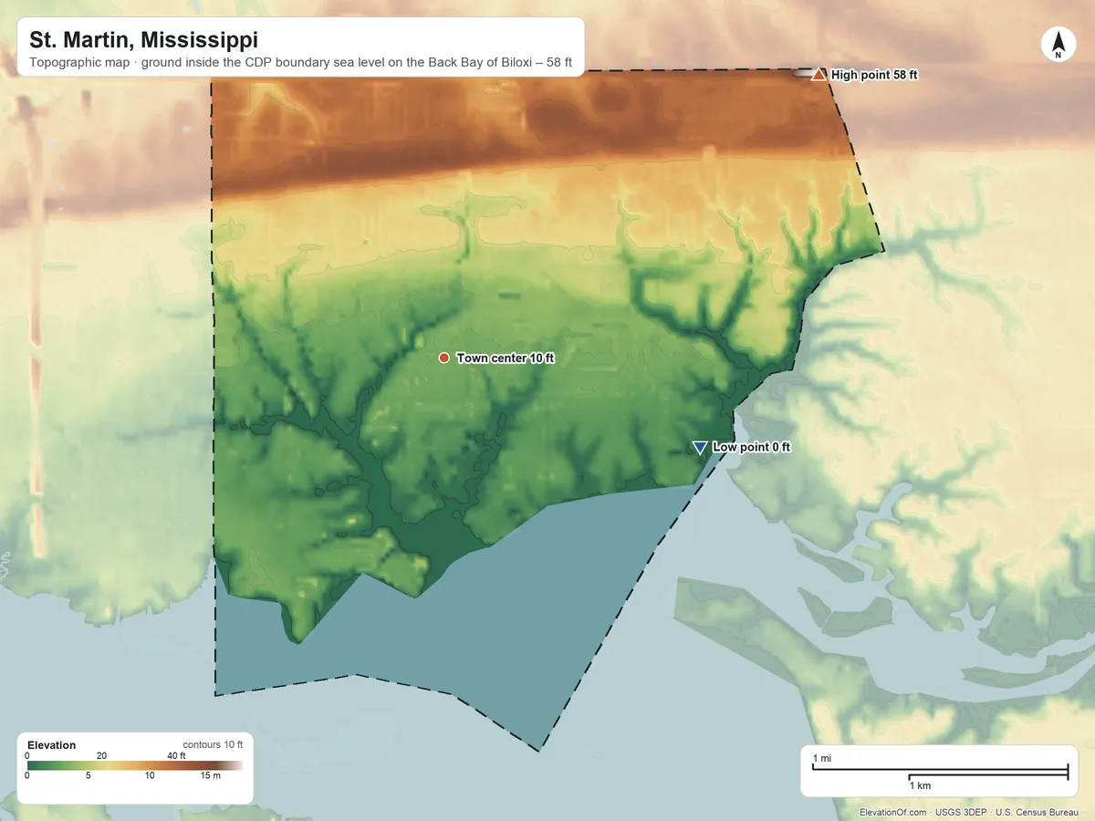 Topographic elevation map of St. Martin, Mississippi, shaded from sea level level on the Back Bay of Biloxi to 58 ft on the northeast side