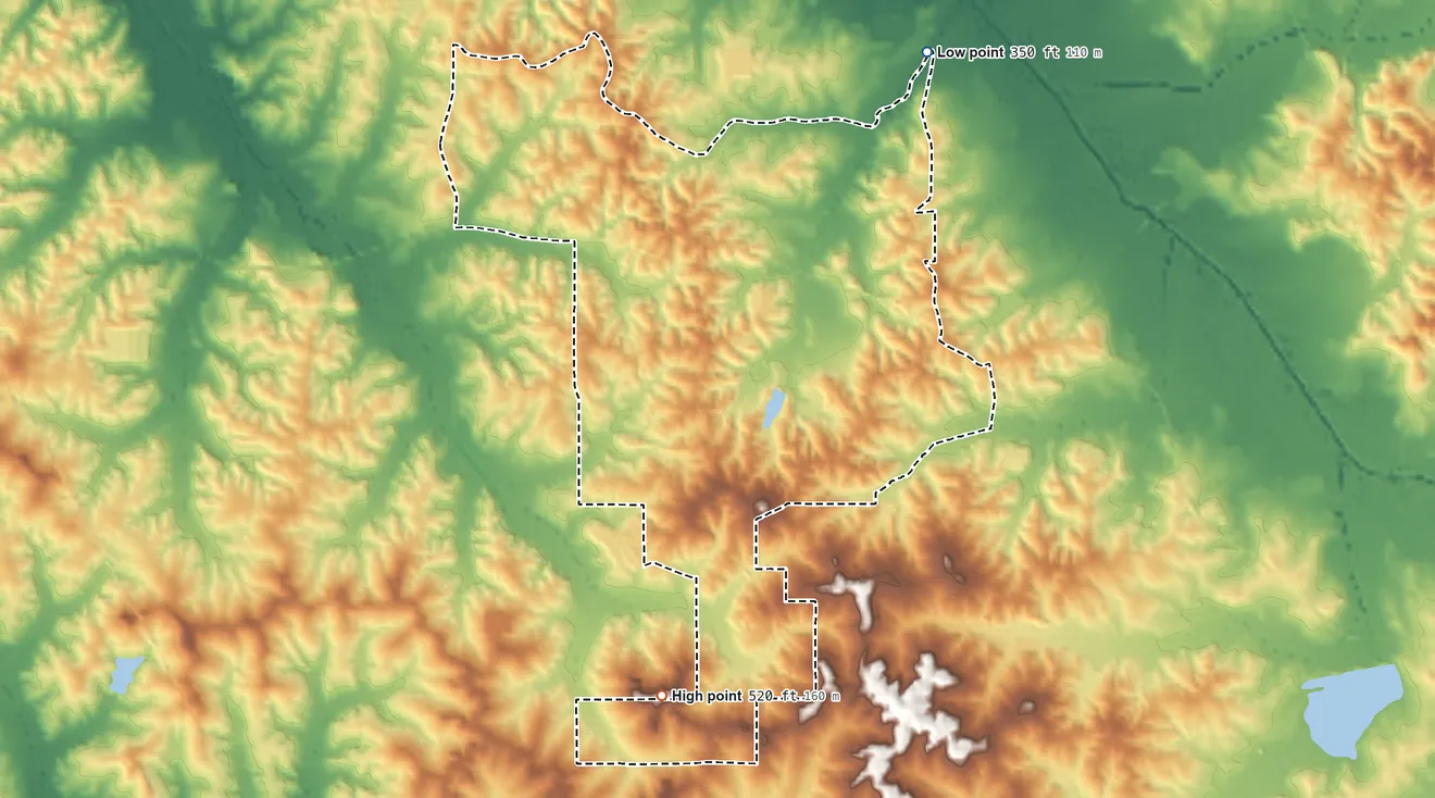 Topographic elevation map of Standing Pine, Mississippi, shaded from 350 ft on the northeast side to 520 ft on the south side