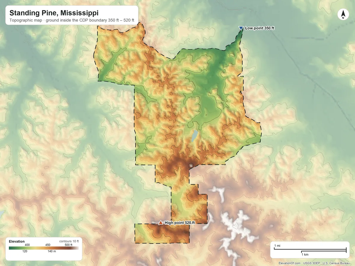 Topographic elevation map of Standing Pine, Mississippi, shaded from 350 ft on the northeast side to 520 ft on the south side