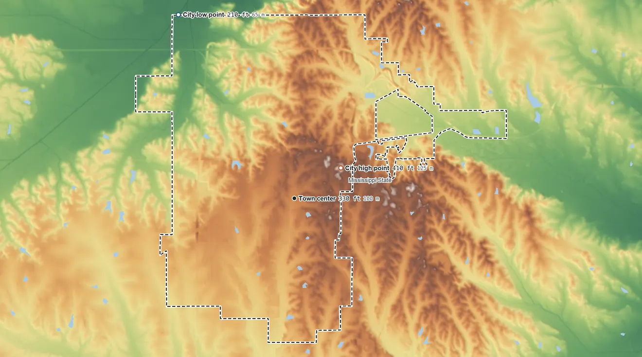 Topographic elevation map of Starkville, Mississippi, shaded from 210 ft on the northwest side to 410 ft on the northeast side