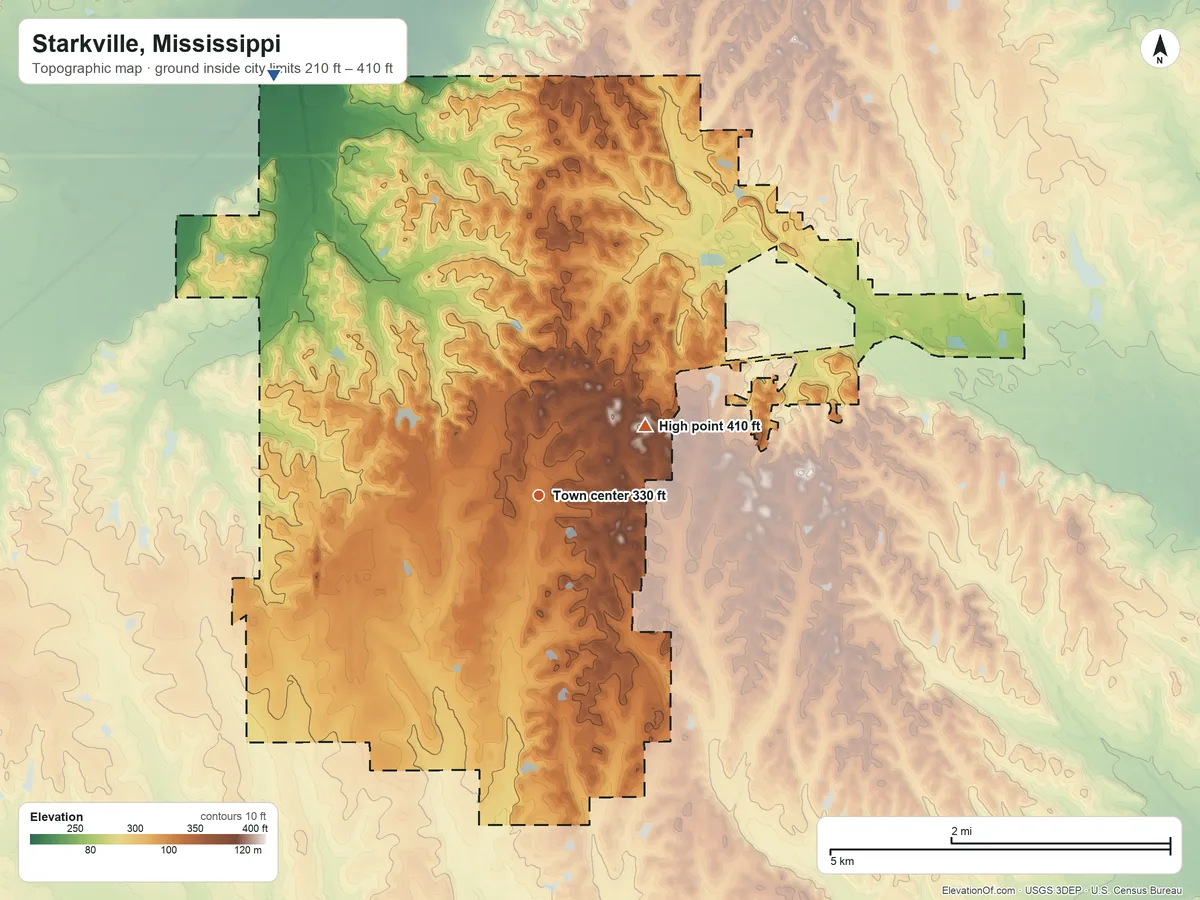 Topographic elevation map of Starkville, Mississippi, shaded from 210 ft on the northwest side to 410 ft on the northeast side