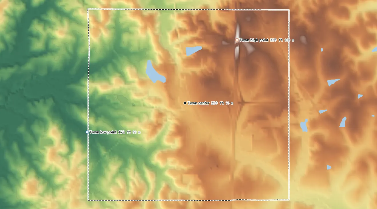 Topographic elevation map of State Line, Mississippi, shaded from 170 ft on the west side to 330 ft on the northeast side