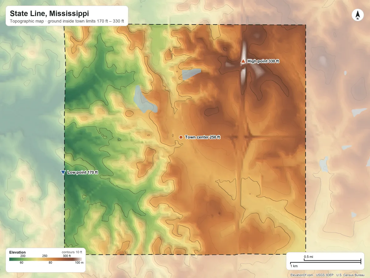 Topographic elevation map of State Line, Mississippi, shaded from 170 ft on the west side to 330 ft on the northeast side