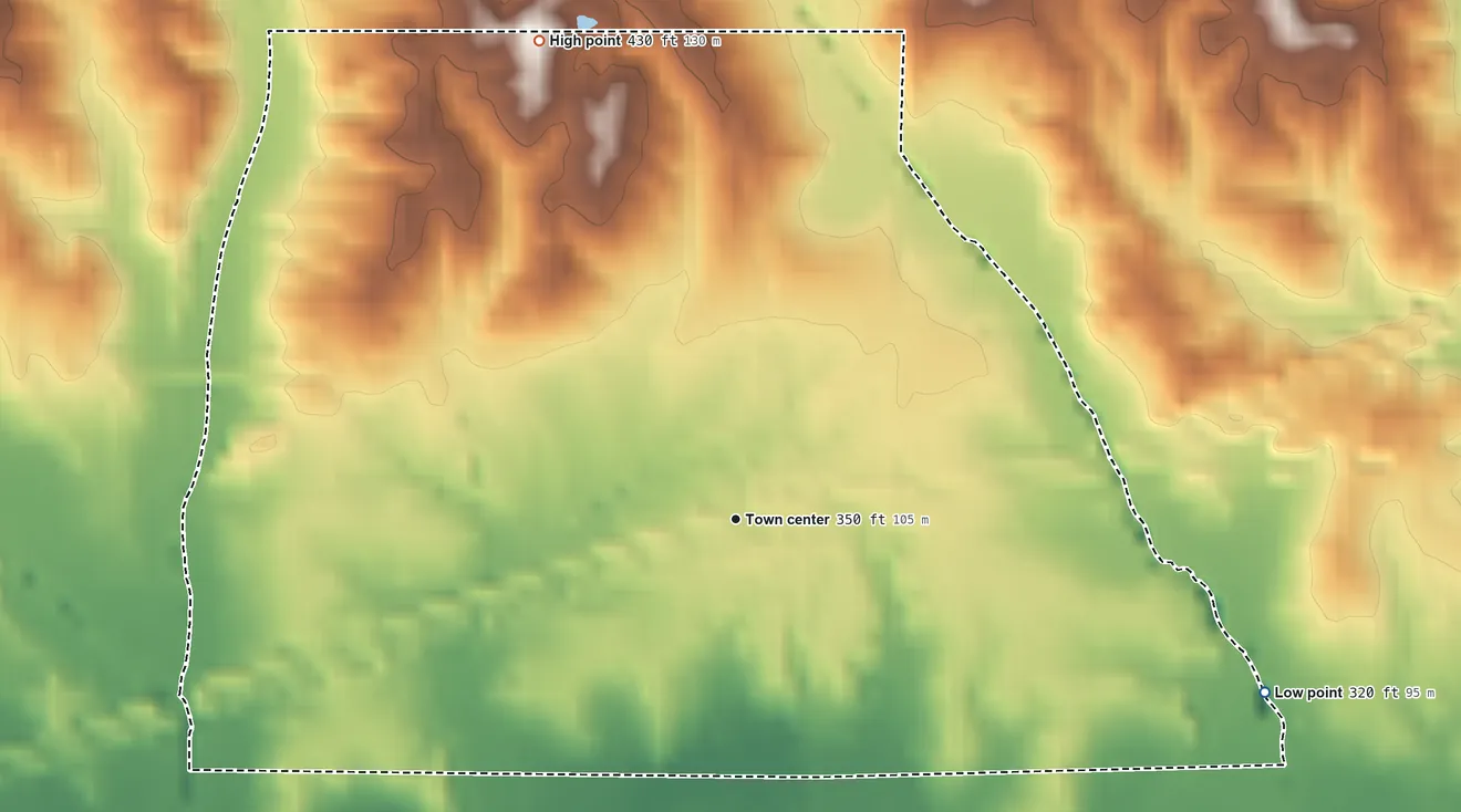 Topographic elevation map of Stewart, Mississippi, shaded from 320 ft on the east side to 430 ft on the north side