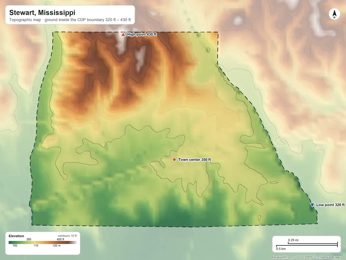 Topographic elevation map of Stewart, Mississippi, shaded from 320 ft on the east side to 430 ft on the north side