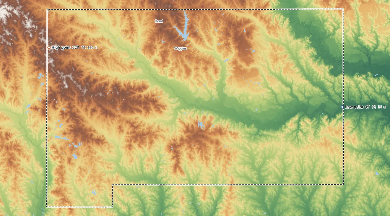 Topographic elevation map of Stone County, Mississippi, shaded from 47 ft on the east side to 370 ft on the northwest side