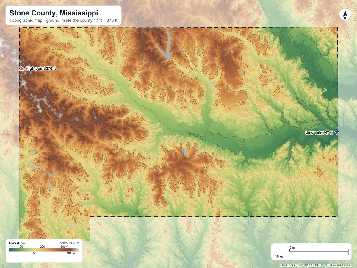 Topographic elevation map of Stone County, Mississippi, shaded from 47 ft on the east side to 370 ft on the northwest side
