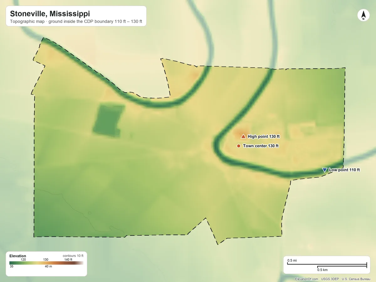 Topographic elevation map of Stoneville, Mississippi, shaded from 110 ft on the east side to 130 ft near the middle