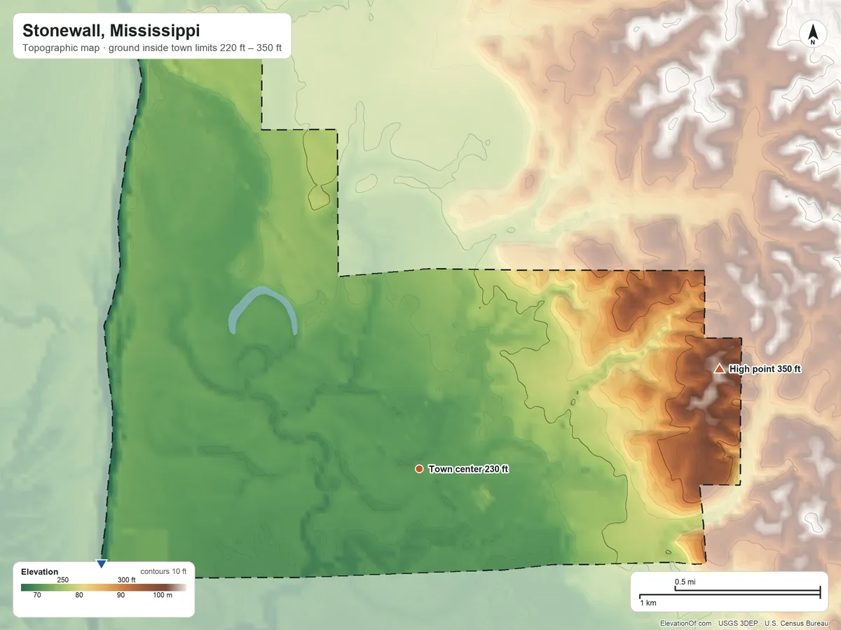 Topographic elevation map of Stonewall, Mississippi, shaded from 220 ft on the west side to 350 ft on the east side