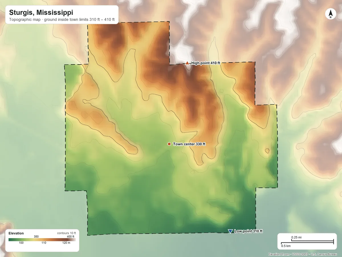 Topographic elevation map of Sturgis, Mississippi, shaded from 310 ft on the southeast side to 410 ft on the north side