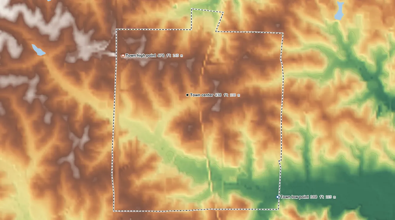 Topographic elevation map of Summit, Mississippi, shaded from 380 ft on the southeast side to 470 ft on the northwest side