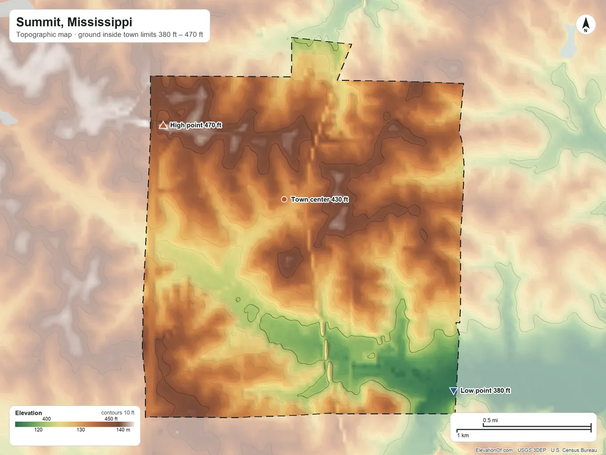 Topographic elevation map of Summit, Mississippi, shaded from 380 ft on the southeast side to 470 ft on the northwest side