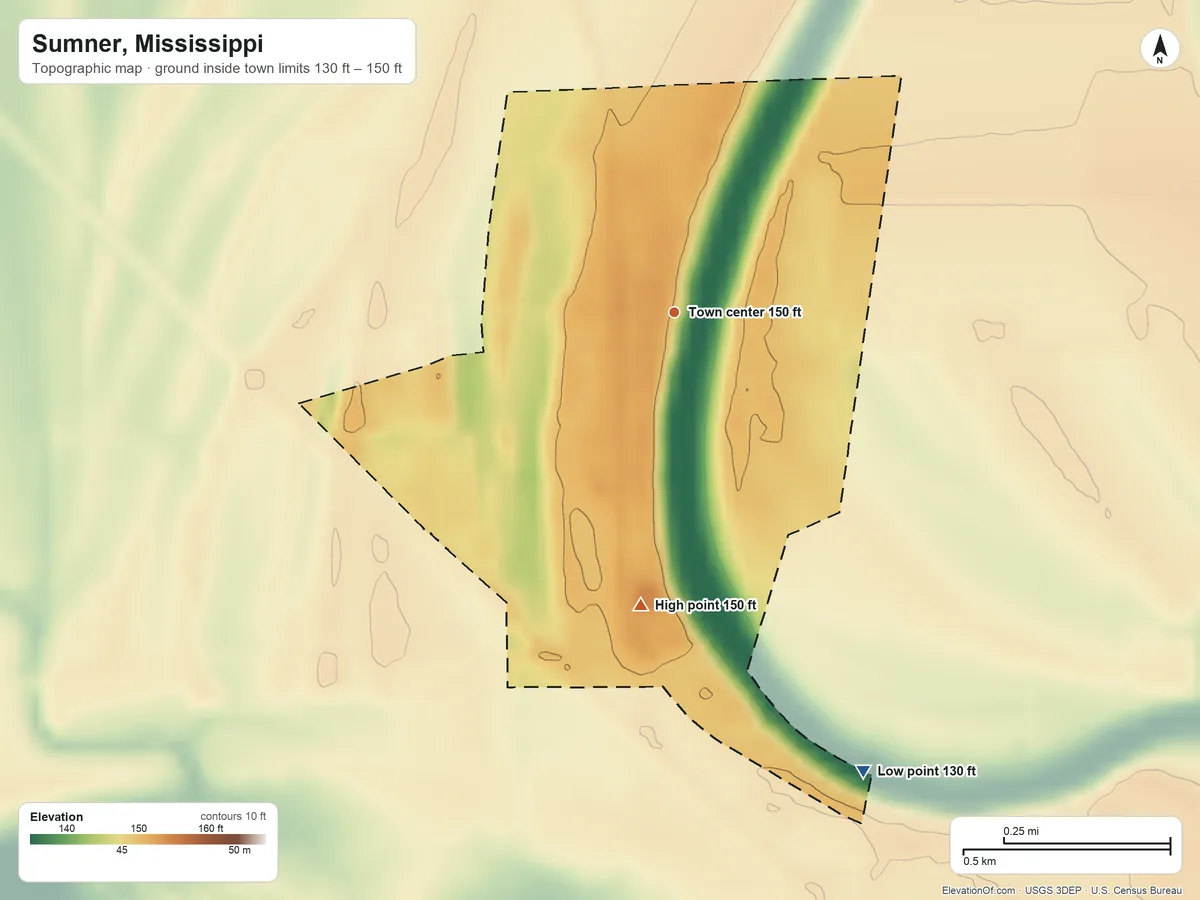 Topographic elevation map of Sumner, Mississippi, shaded from 130 ft on the south side to 150 ft on the south side