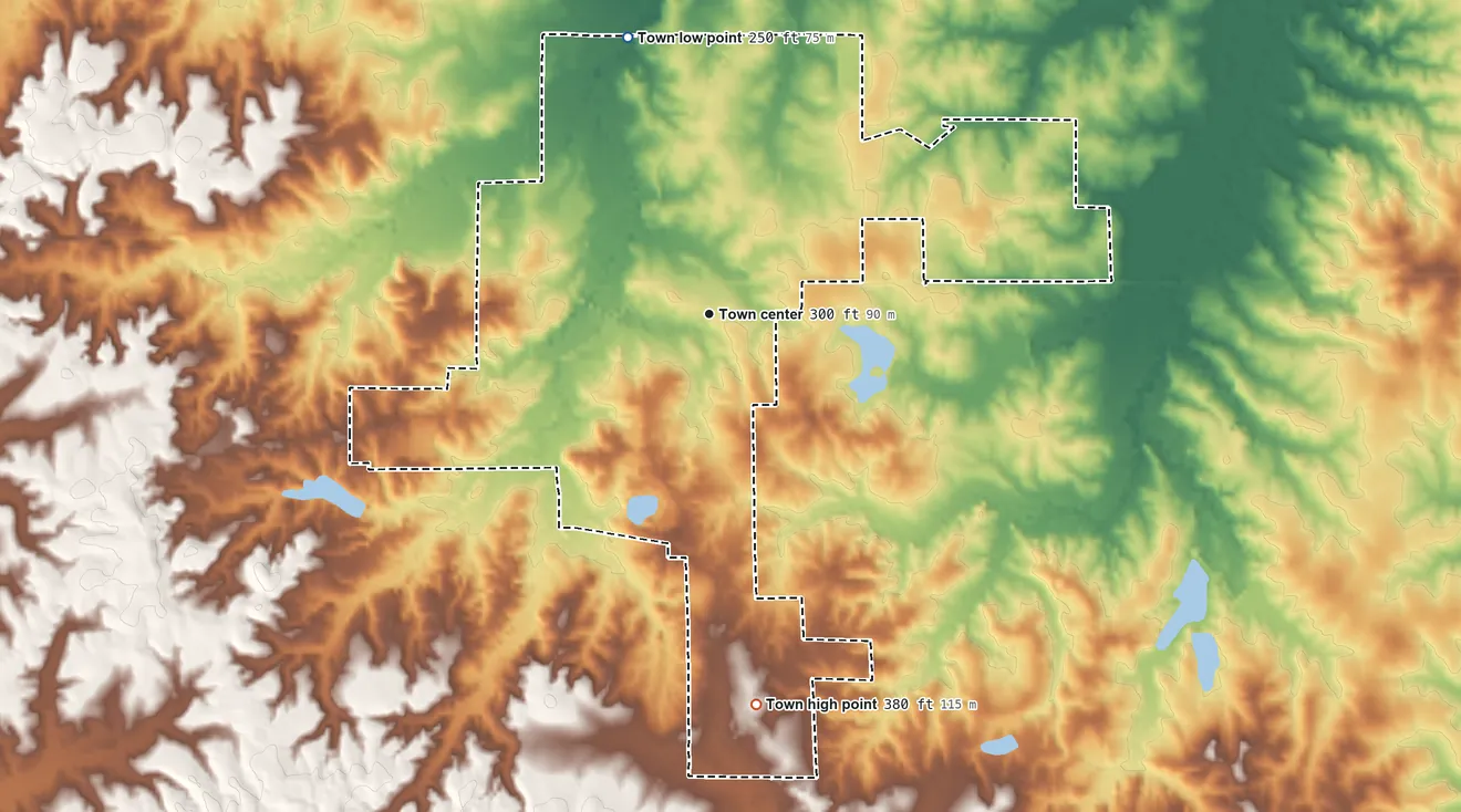 Topographic elevation map of Sumrall, Mississippi, shaded from 250 ft on the north side to 380 ft on the south side
