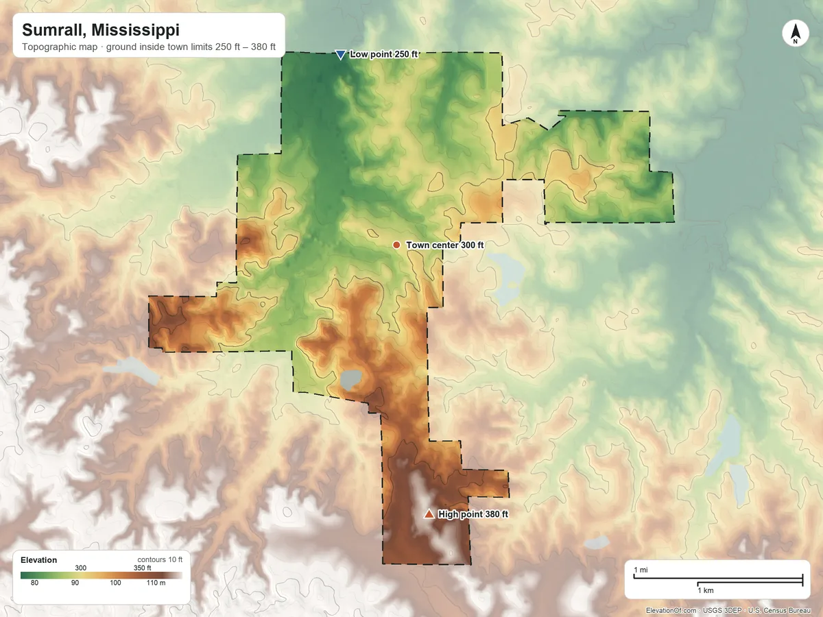 Topographic elevation map of Sumrall, Mississippi, shaded from 250 ft on the north side to 380 ft on the south side