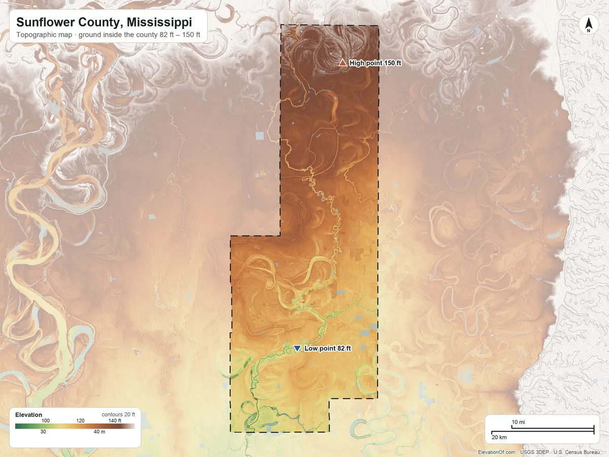 Topographic elevation map of Sunflower County, Mississippi, shaded from 82 ft on the south side to 150 ft on the north side