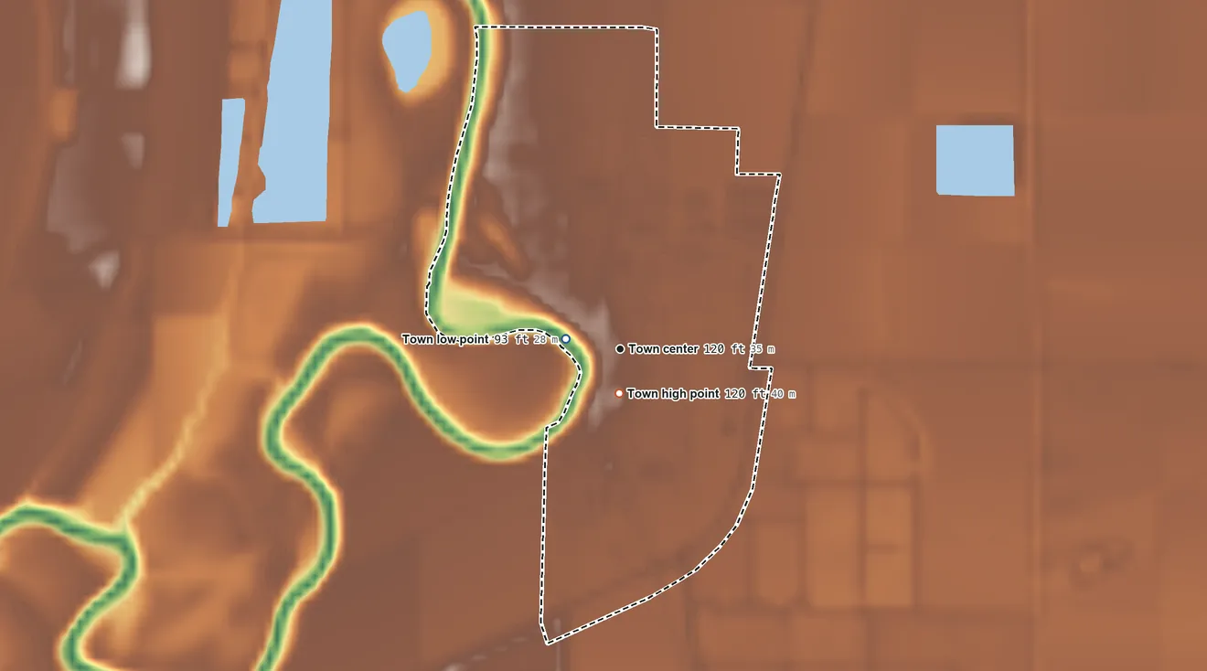 Topographic elevation map of Sunflower, Mississippi, shaded from 93 ft near the middle to 120 ft near the middle
