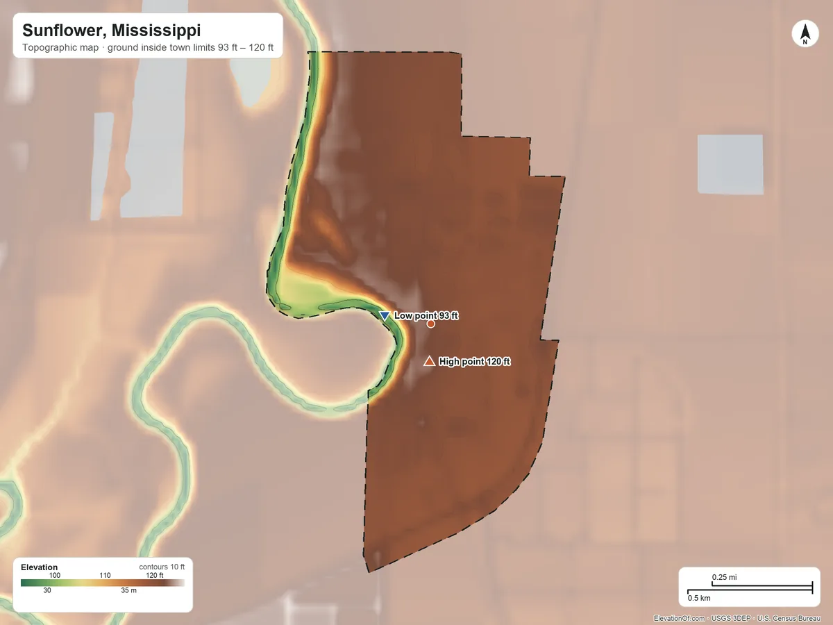Topographic elevation map of Sunflower, Mississippi, shaded from 93 ft near the middle to 120 ft near the middle