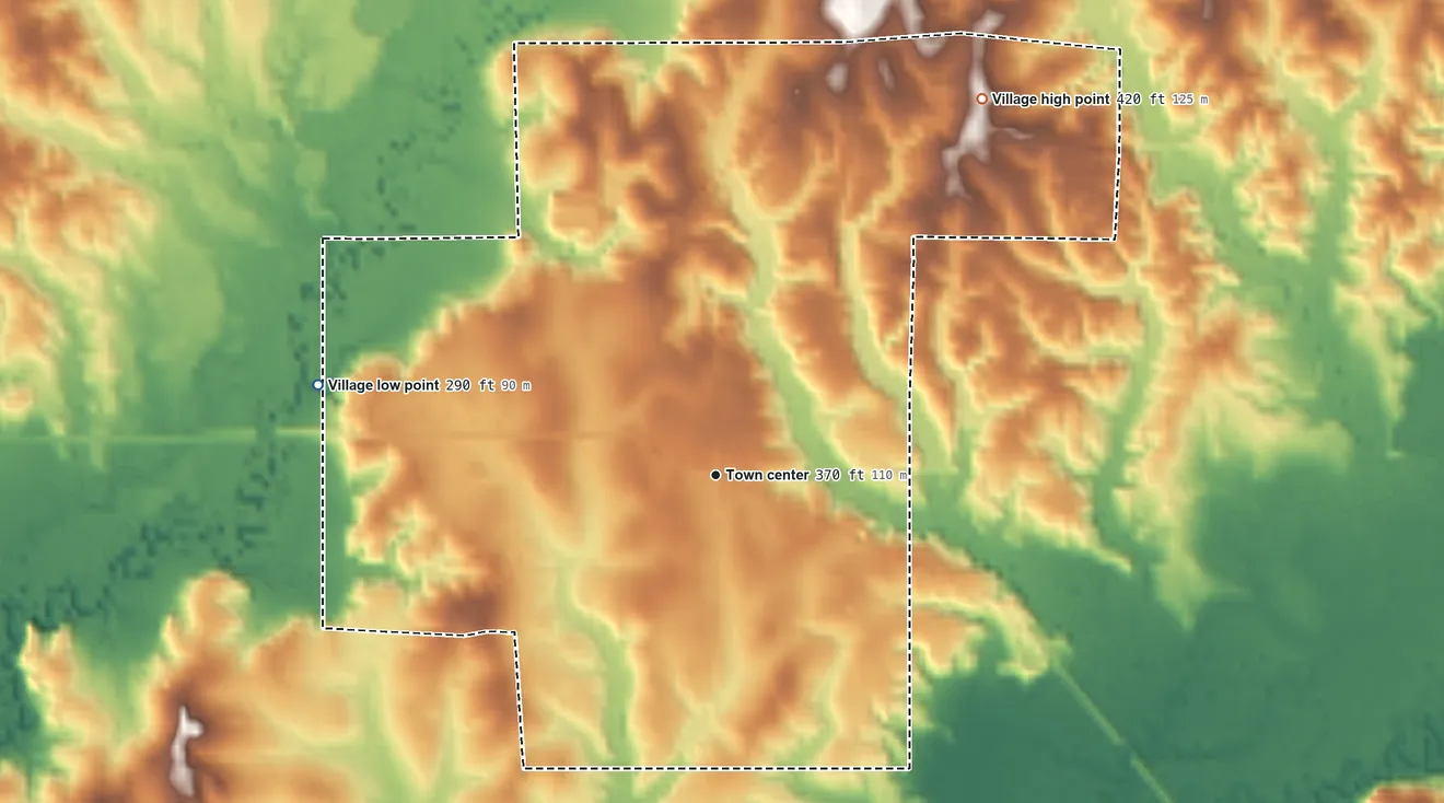 Topographic elevation map of Sylvarena, Mississippi, shaded from 290 ft on the west side to 420 ft on the northeast side