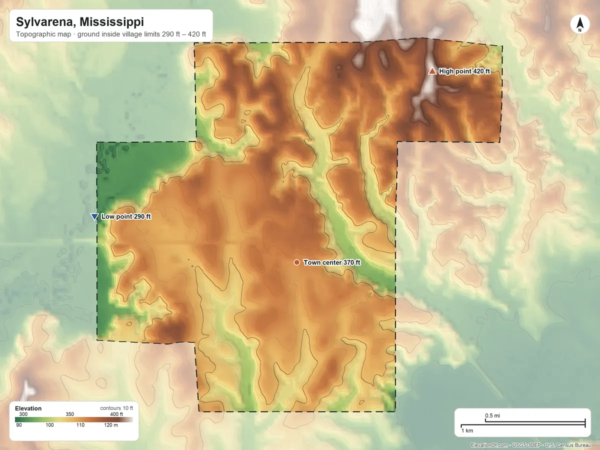 Topographic elevation map of Sylvarena, Mississippi, shaded from 290 ft on the west side to 420 ft on the northeast side
