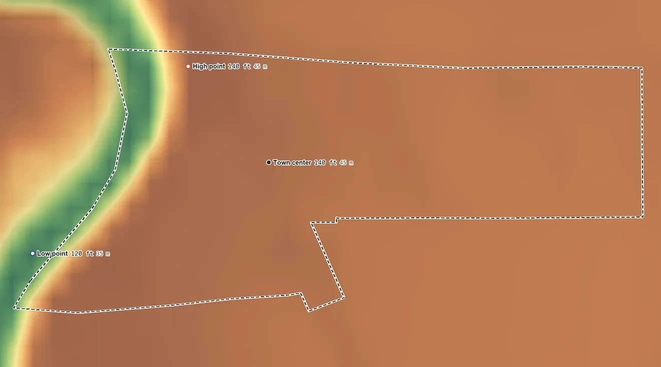Topographic elevation map of Symonds, Mississippi, shaded from 120 ft on the west side to 140 ft on the northwest side