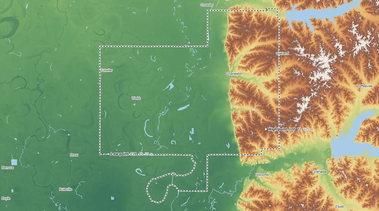 Topographic elevation map of Tallahatchie County, Mississippi, shaded from 120 ft on the southwest side to 400 ft on the east side