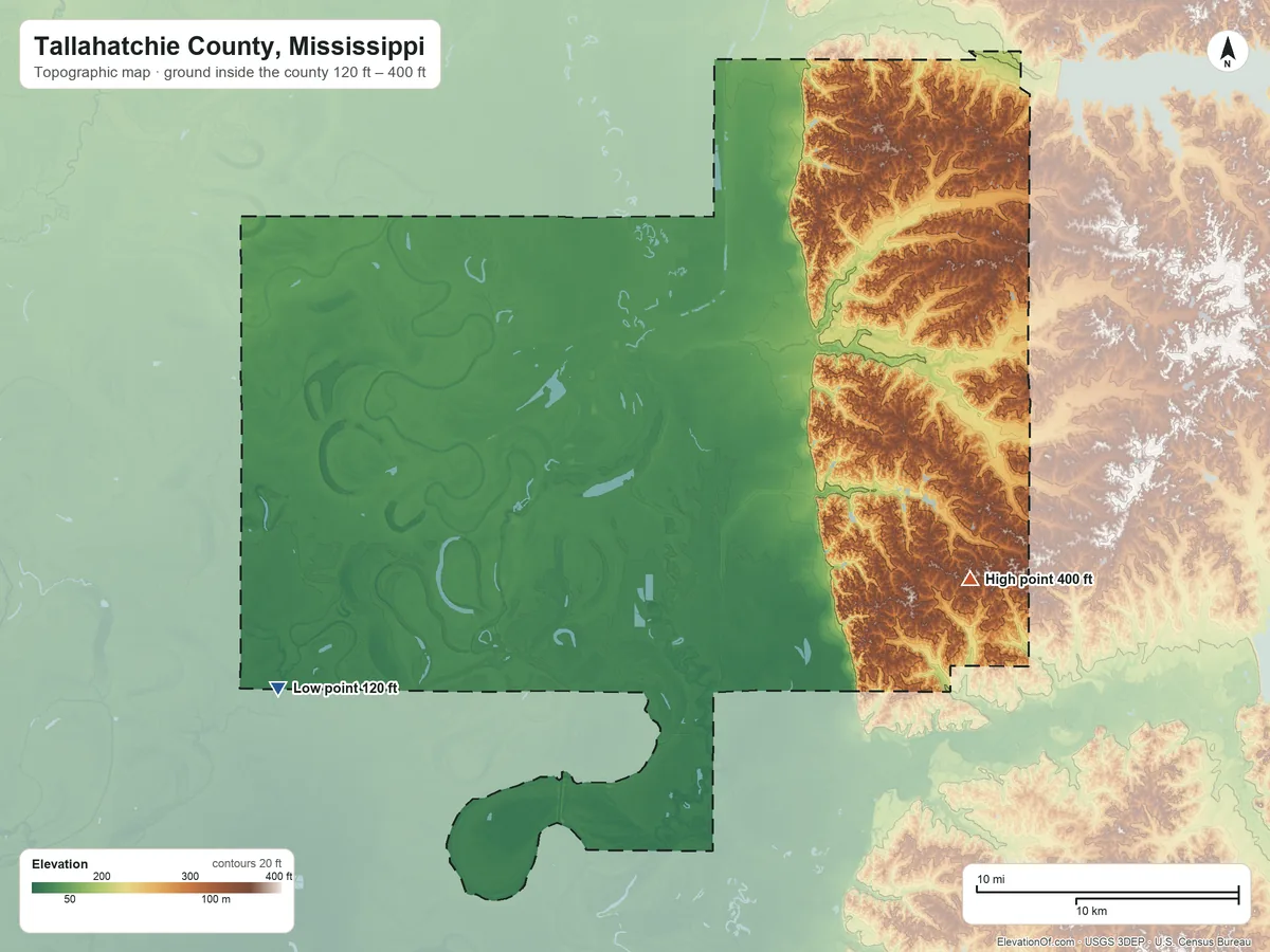 Topographic elevation map of Tallahatchie County, Mississippi, shaded from 120 ft on the southwest side to 400 ft on the east side