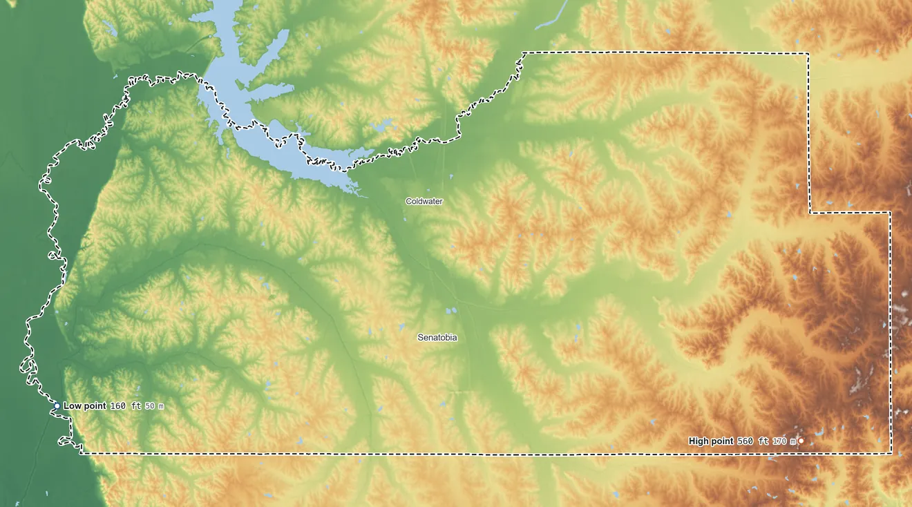 Topographic elevation map of Tate County, Mississippi, shaded from 160 ft on the west side to 560 ft on the southeast side