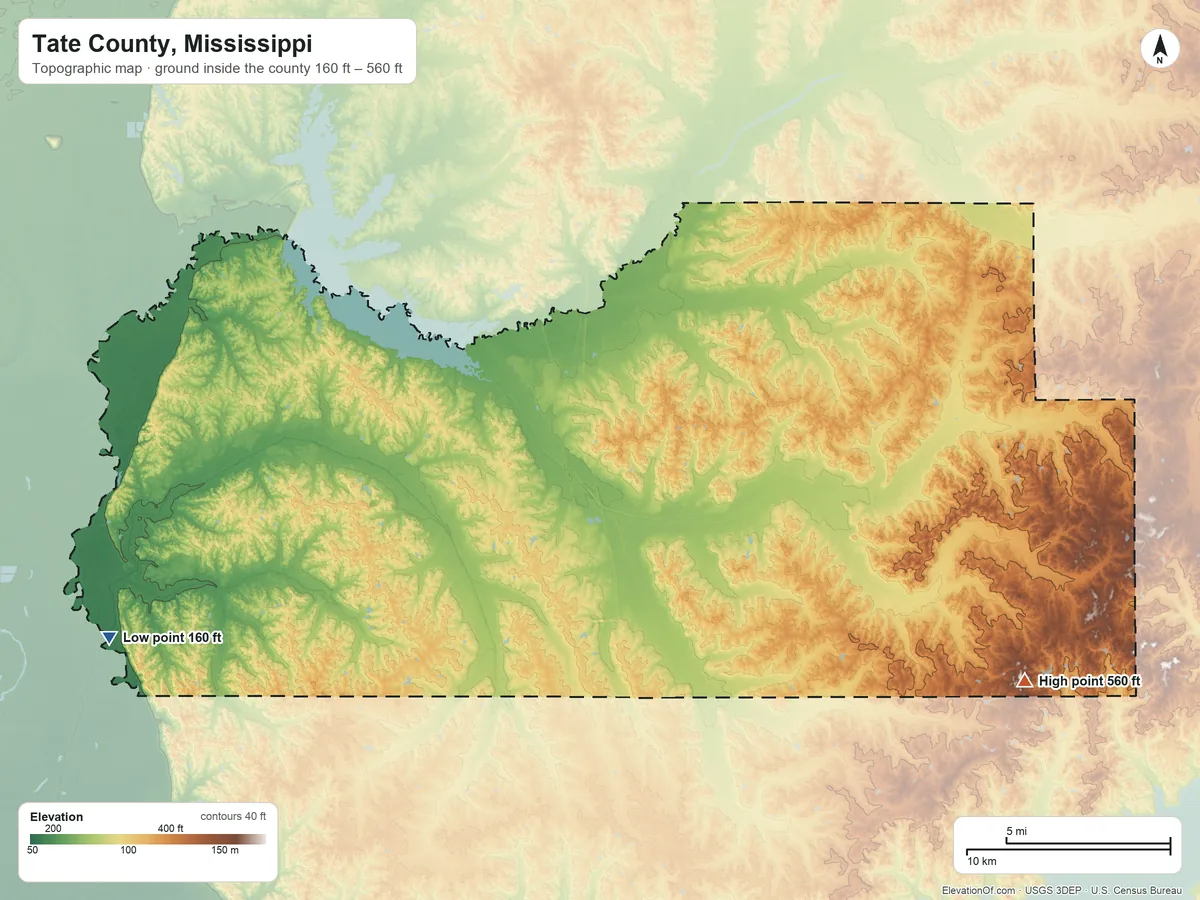 Topographic elevation map of Tate County, Mississippi, shaded from 160 ft on the west side to 560 ft on the southeast side