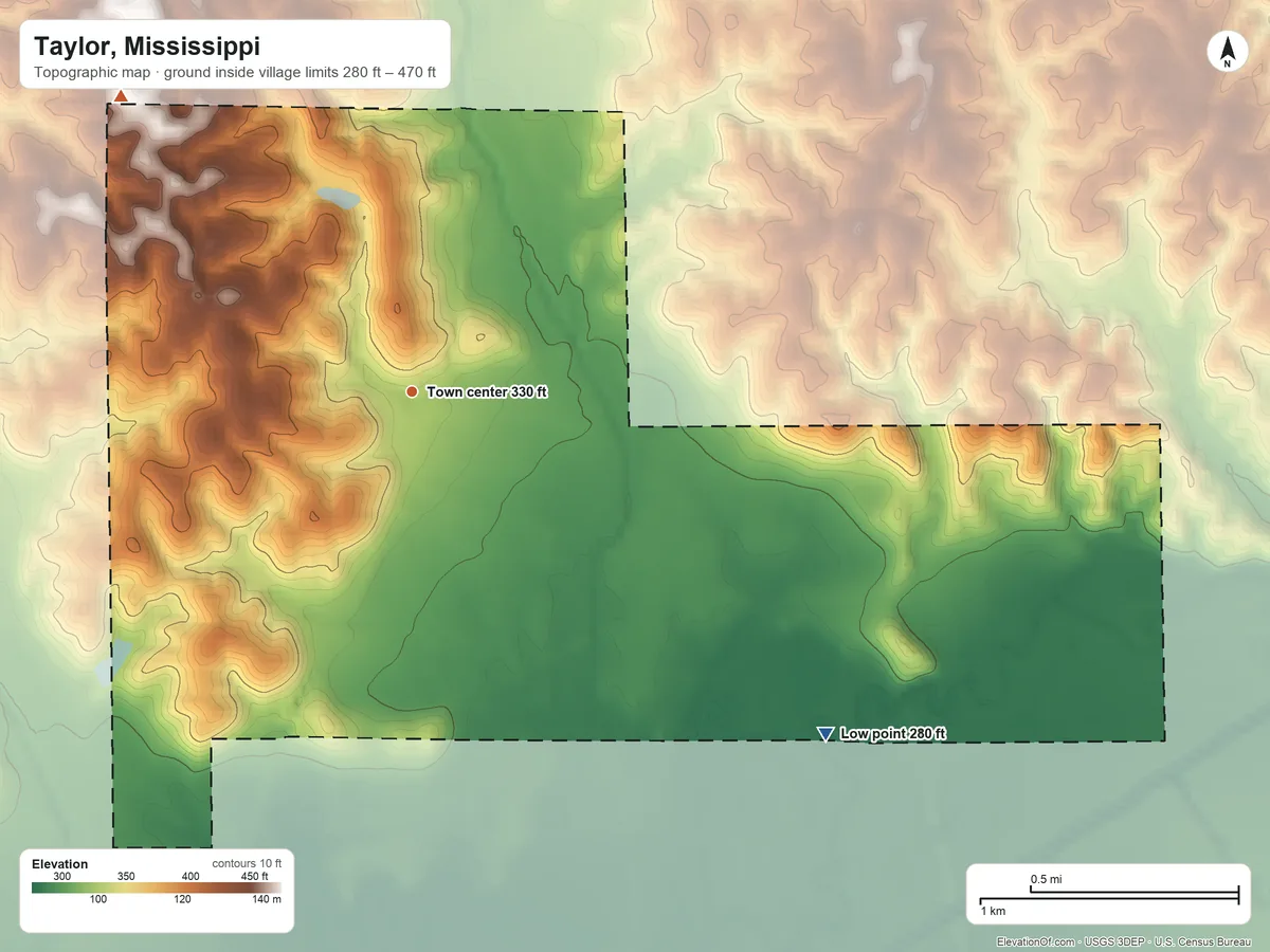 Topographic elevation map of Taylor, Mississippi, shaded from 280 ft on the southeast side to 470 ft on the northwest side