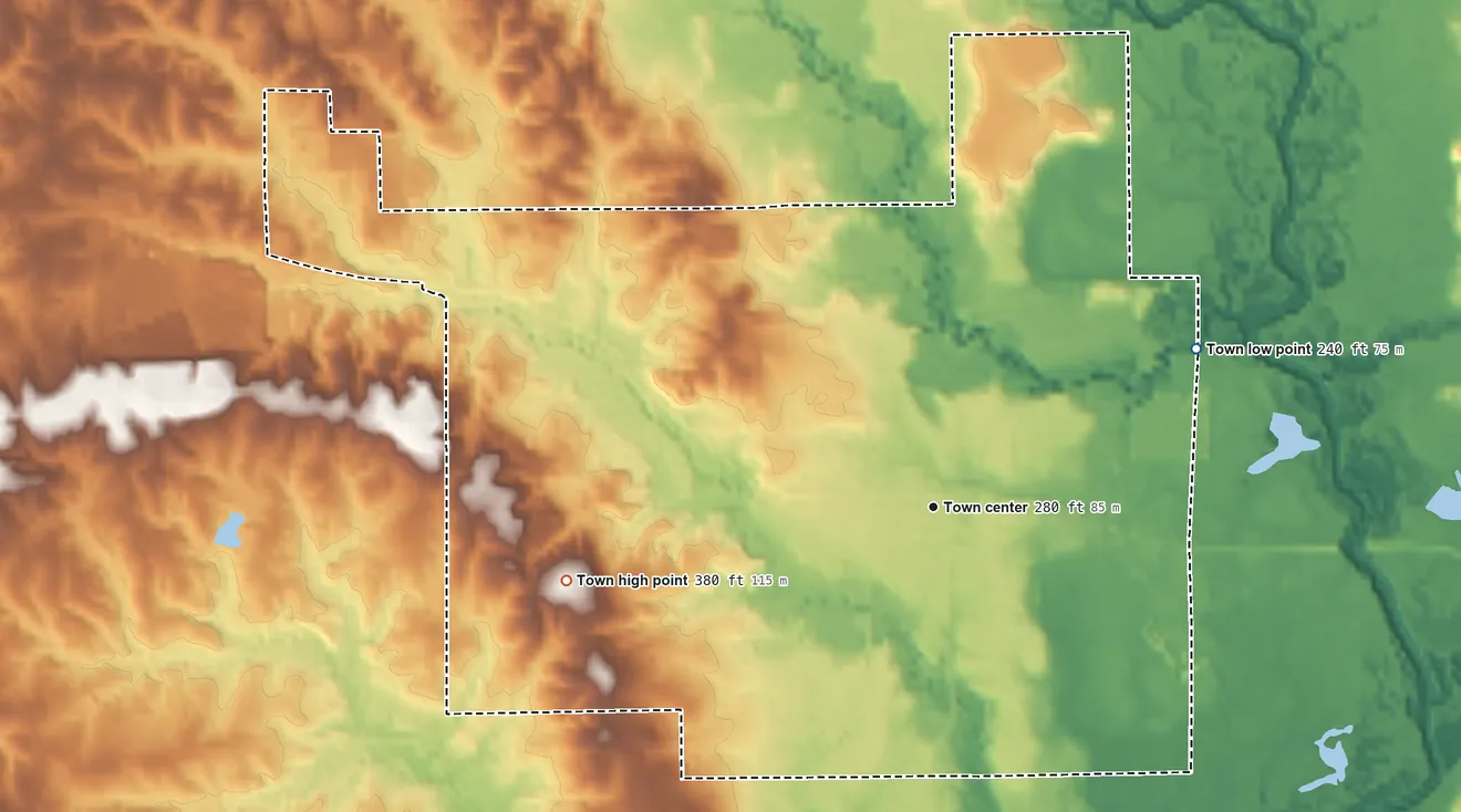 Topographic elevation map of Taylorsville, Mississippi, shaded from 240 ft on the northeast side to 380 ft on the west side